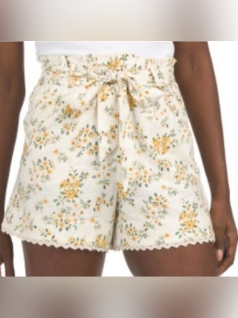 High-Waist Floral Tie-Front Shorts in Cream and Yellow